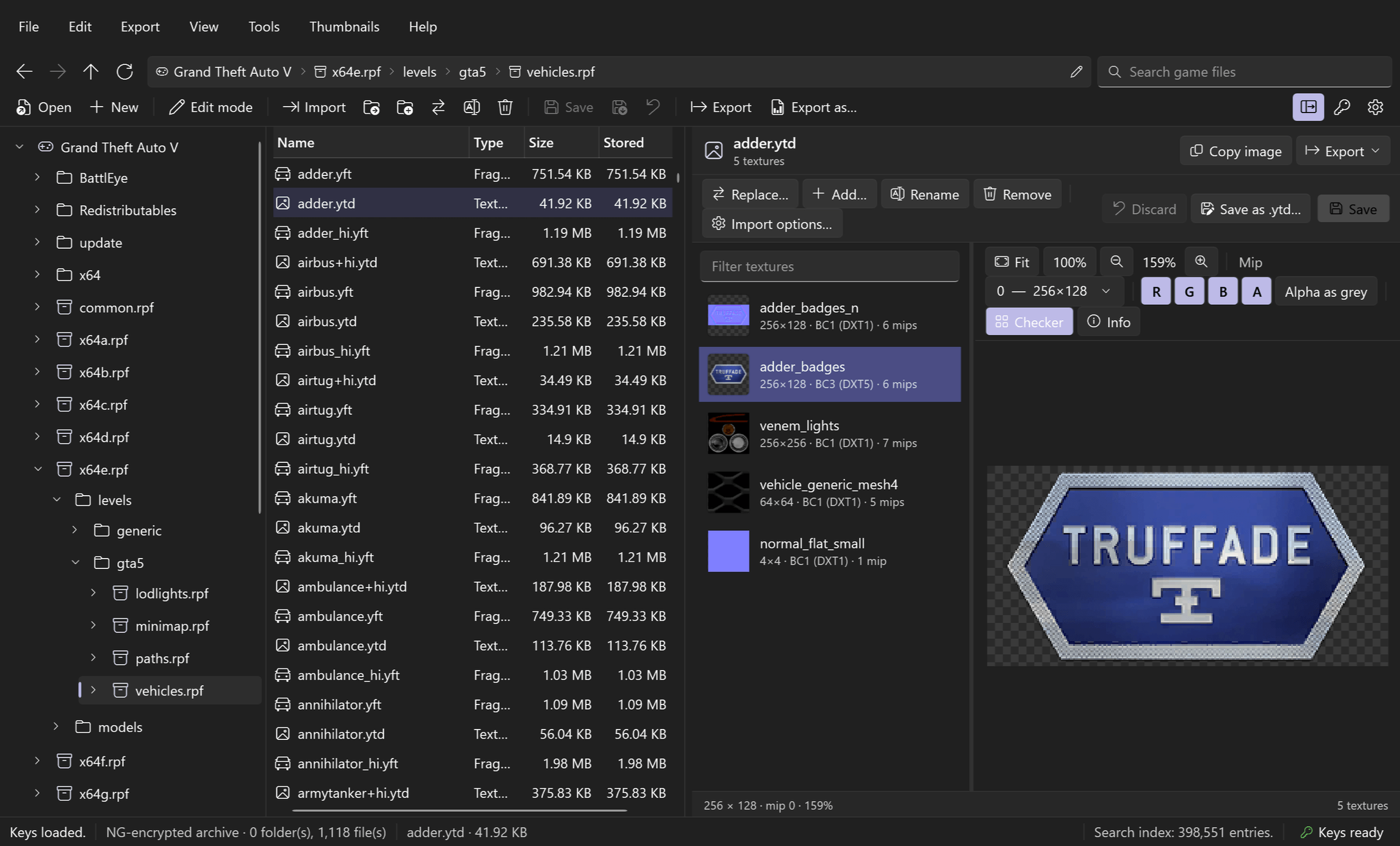 RPFView main window browsing vehicles.rpf inside x64e.rpf, with the folder tree, the file list and adder.ytd previewed in the texture viewer