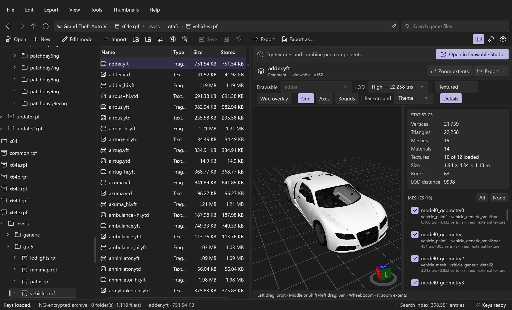 RPFView model viewer showing the complete Adder (adder.yft) with its wheels, model statistics and the mesh list