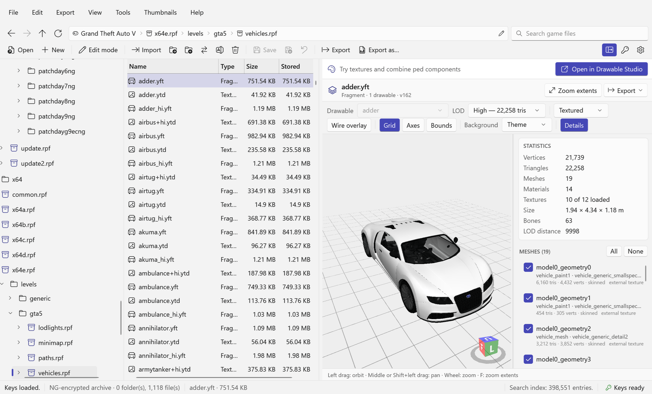 RPFView model viewer showing the complete Adder (adder.yft) with its wheels, model statistics and the mesh list