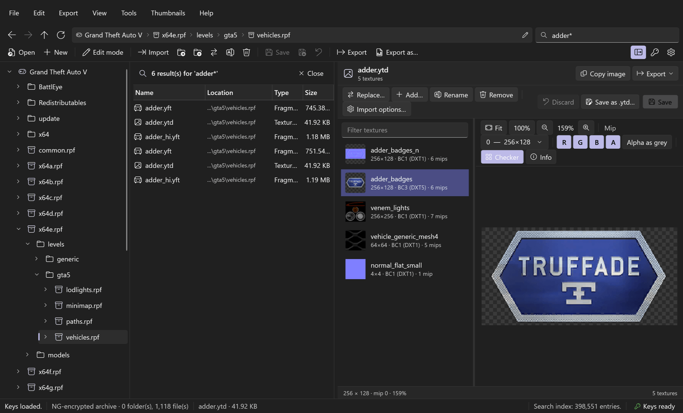 RPFView global search: the query adder* finds the Adder's model and texture files across all game archives