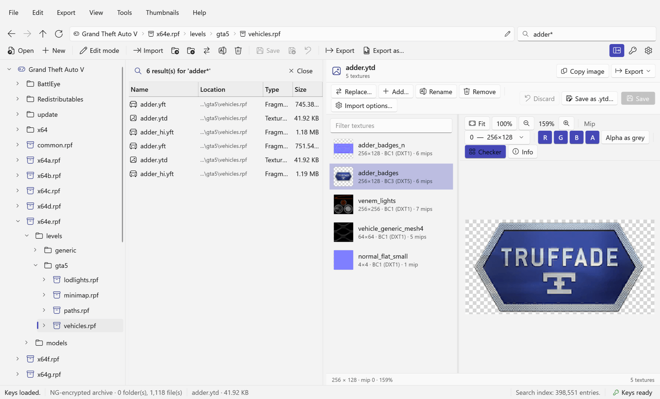 RPFView global search: the query adder* finds the Adder's model and texture files across all game archives