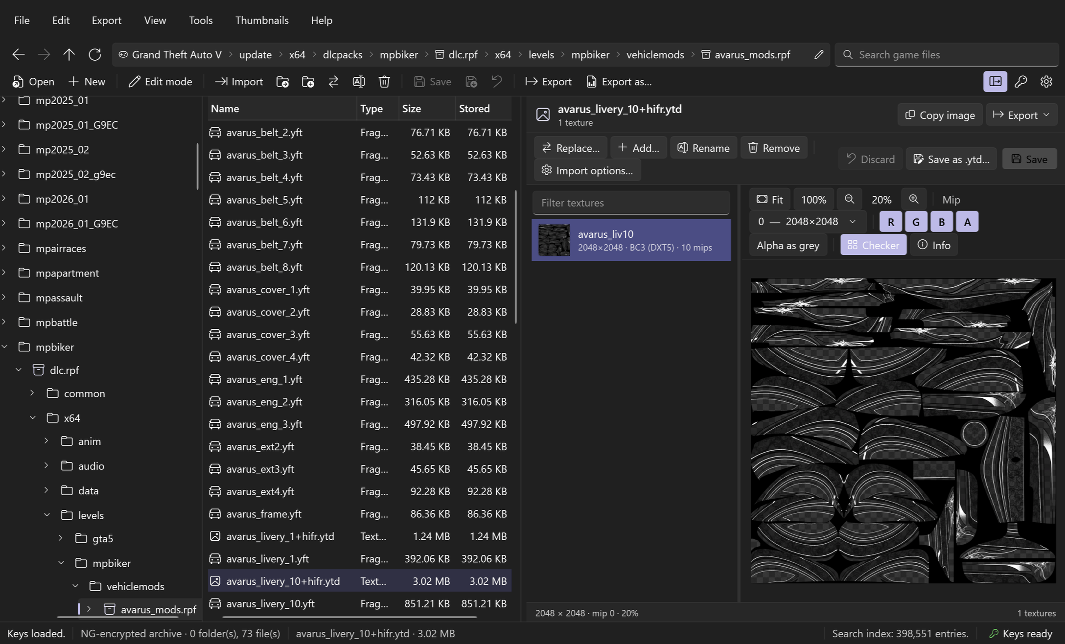 RPFView texture viewer showing a 2048×2048 BC3 livery texture from a DLC pack, with zoom, mip level and R, G, B and A channel toggles