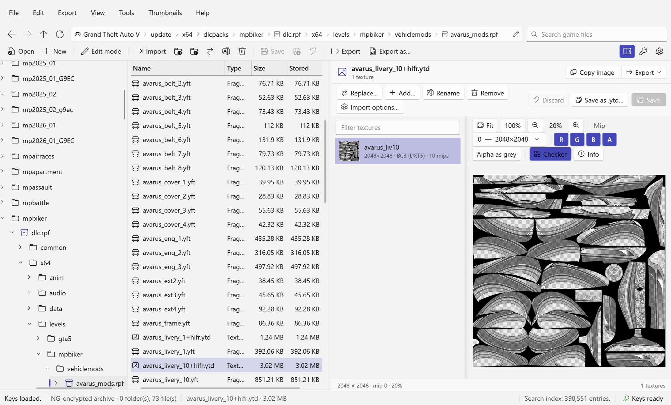 RPFView texture viewer showing a 2048×2048 BC3 livery texture from a DLC pack, with zoom, mip level and R, G, B and A channel toggles