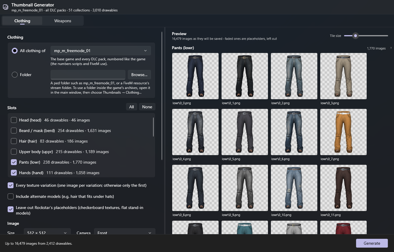 RPFView Thumbnail Generator on the Clothing tab: all clothing of mp_m_freemode_01 with the Pants slot ticked, and a preview of every pants image as it will be saved