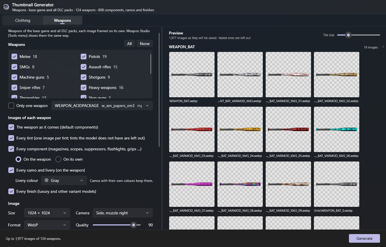 RPFView Thumbnail Generator on the Weapons tab: all 124 weapons with their tints, components, camos and finishes, and a preview of the baseball bat's 19 images