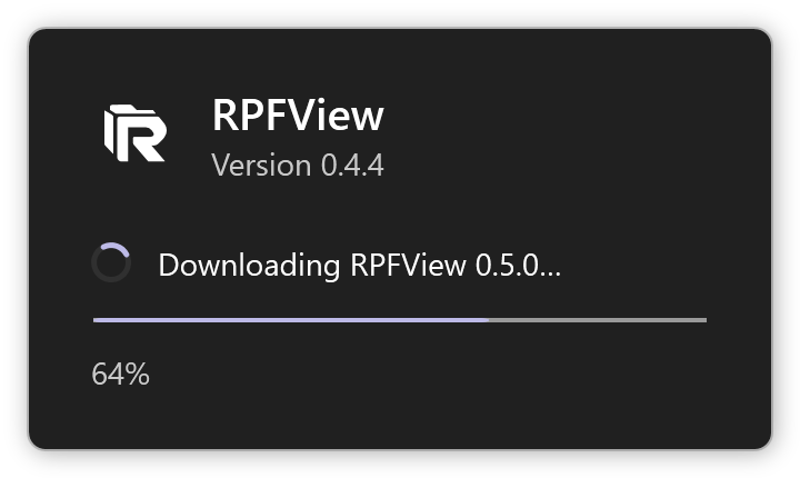 RPFView startup window downloading an update with a progress bar