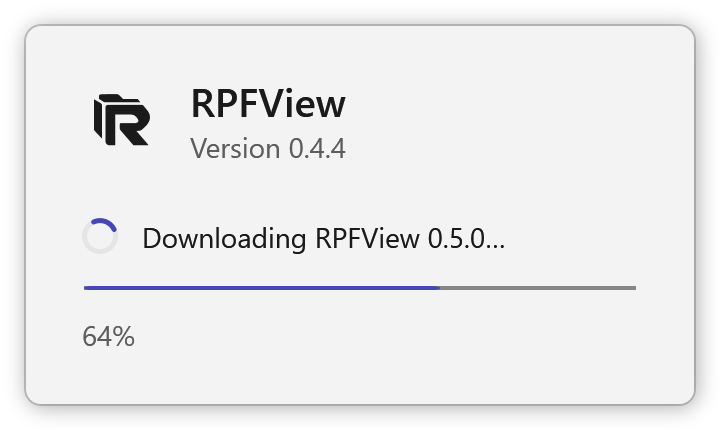 RPFView startup window downloading an update with a progress bar